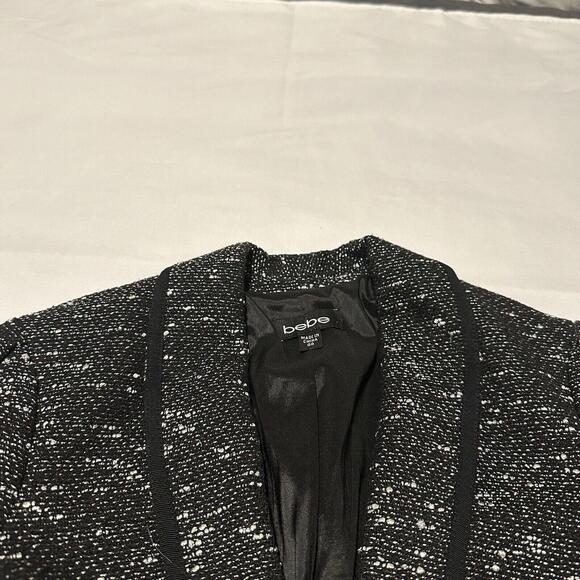 Bebe Tweed Blazer Jacket Sz 00 Black With White Specks 3/4 Sleeve Contrast Trim - Picture 12 of 12